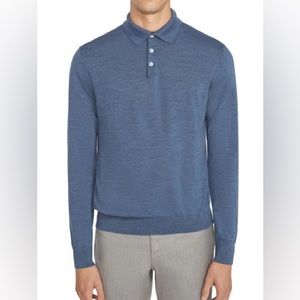 Wool, Silk and Cashmere Long Sleeve Polo in Navy Blue